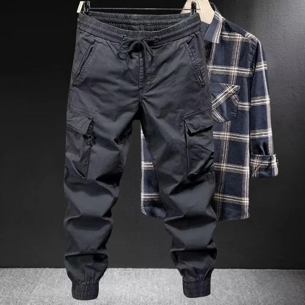 Pantalones con cintura elástica, pantalones Cargo para hombre con cordón, cintura elástica, múltiples bolsillos, diseño de banda en el tobillo para uso diario en la cadera