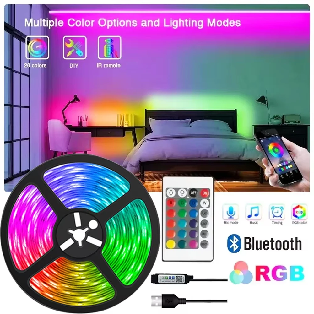 Taśma LED USB 5V o długości 1-30M z Bluetooth, pilotem 24-przyciskowym, elastyczna lampa RGB do dekoracji pokoju, podświetlenie telewizora, dioda.