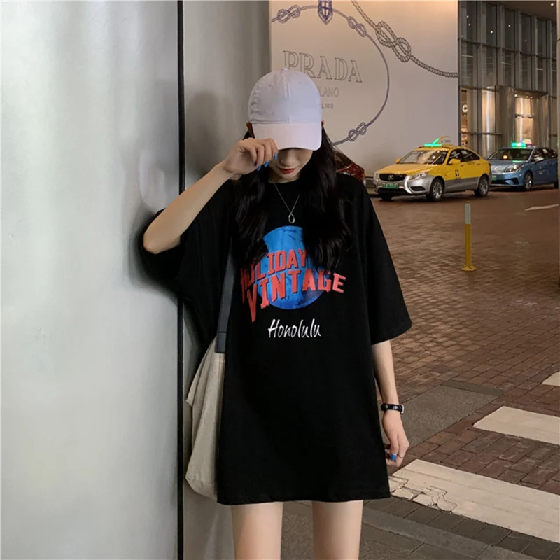 ルーズフィットプラスサイズコットン Tシャツ半袖レディースファッションカジュアルラウンドネックプリント韓国スタイル夏新着