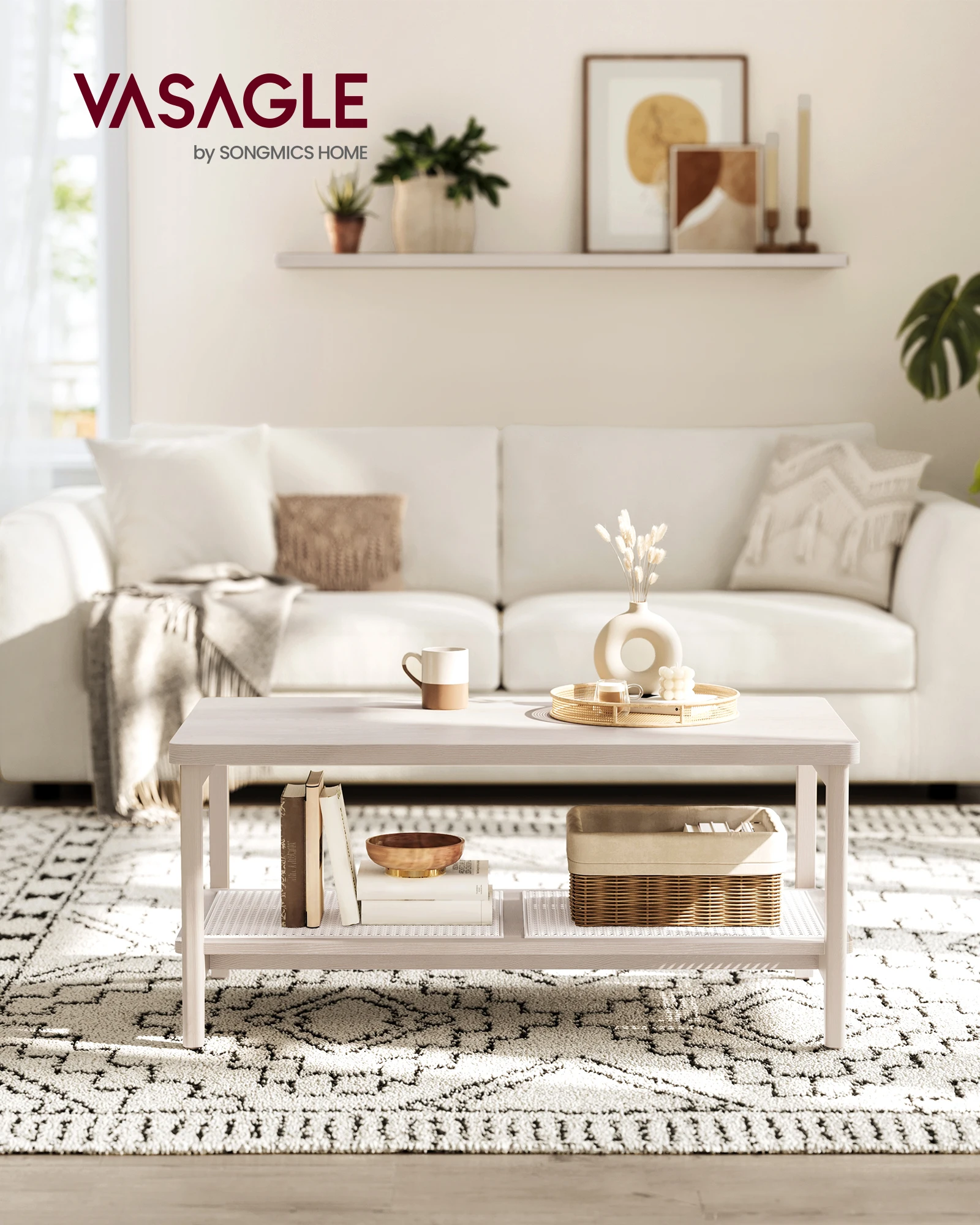 VASAGLE Couchtisch 2 Ebenen,Wohnzimmertisch mit Stauraum, Tisch Wohnzimmer,Sofatisch mit Ablage aus PVC-Rattan,abgerundete Ecken