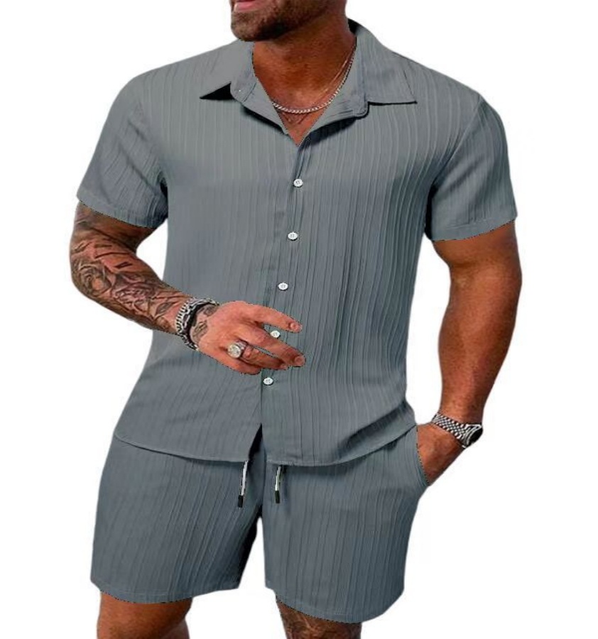 Printemps et été Europe et états-unis nouveau costume de plage jacquard rayé pour hommes chemise short ample