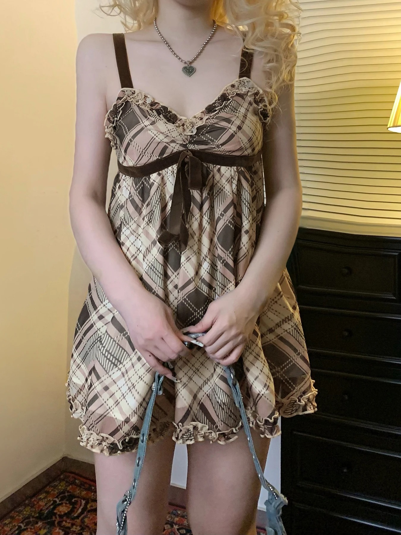 Zoete geruite strik Leuke eenvoudige hemdjejurken Tops Mode All-Match Retro Dameshuiskleding