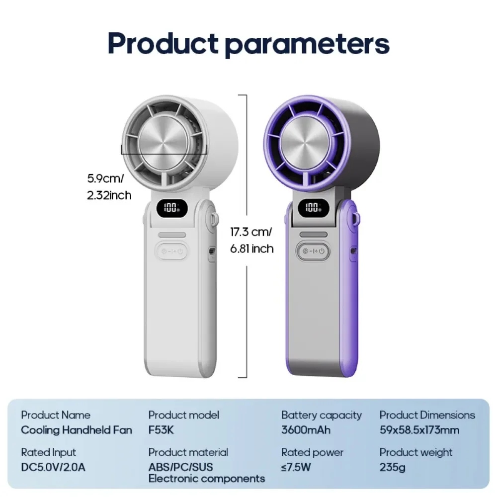 Mini Handheld Turbo Cooling Fan High-speed Cold Air 3600mAh USB Rechargeable Cold Compress Fan Foldable Portables Desktop Fan