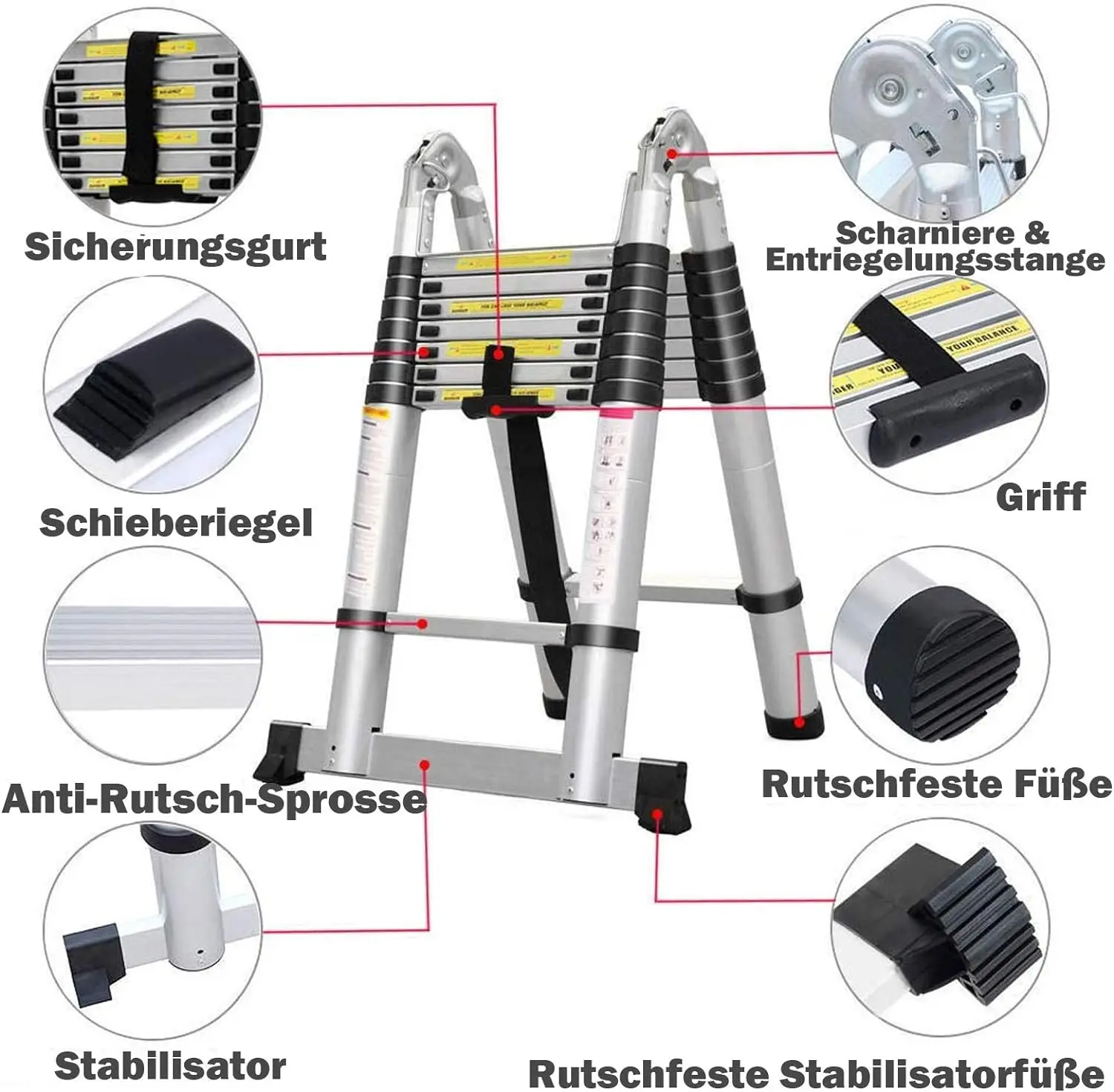 Scala telescopica multiuso in alluminio da 16,5 piedi (8,2 piedi + 8,2 piedi)/5 m, scala pieghevole estensibile, gradini antiscivolo, capacità di carico di 150 kg