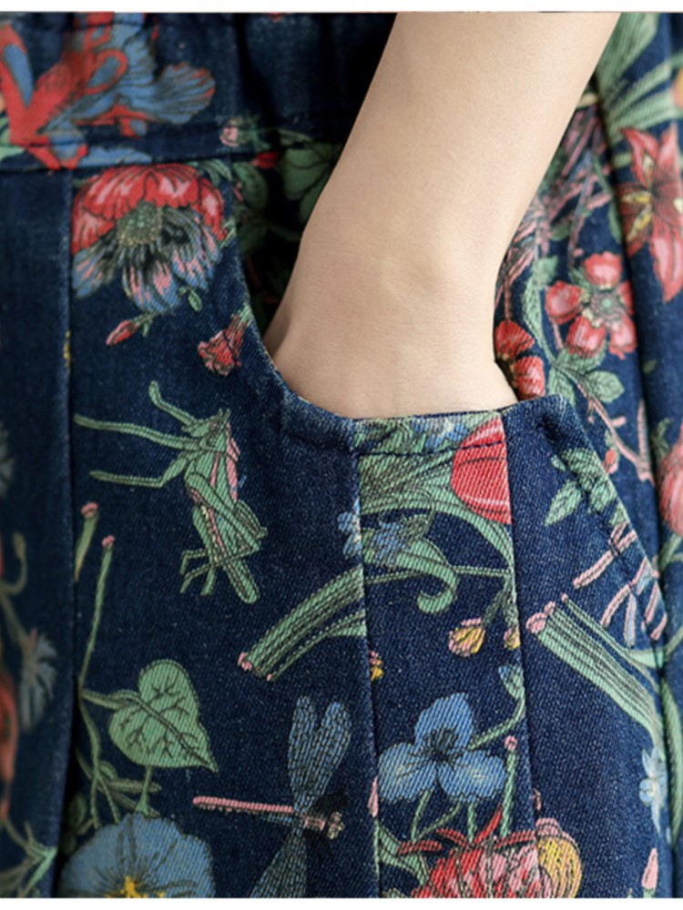 Jeans Bloem Bloemenprint Herfst Wijde Pijpen Broek Vrouwen Losse Geplooide Mode Dames Oversized Broek Elastische Taille Vrouw Broek