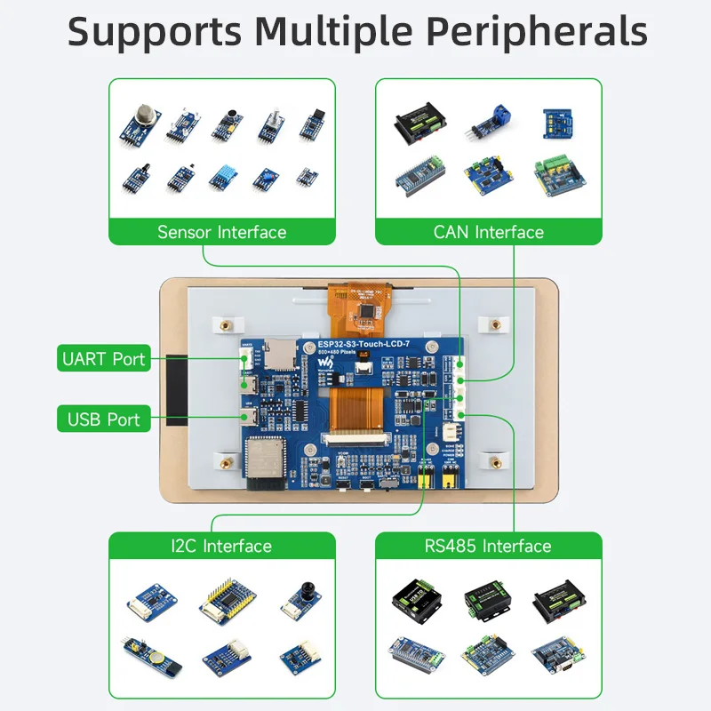 ESP32-S3 Placa de desarrollo de pantalla táctil de 7 pulgadas 800 × 480 Xtensa LX7 procesador de doble núcleo 8M Flash WiFi BT5 para GUI LVGL HMI ESP32