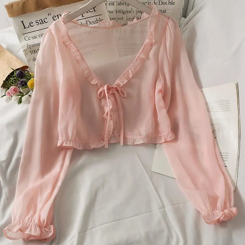Camisetas finas y transpirables de manga larga para mujer, cárdigan con lazo de encaje, blusa, ropa con volantes, prendas de vestir con protección solar, blusa para cubrir