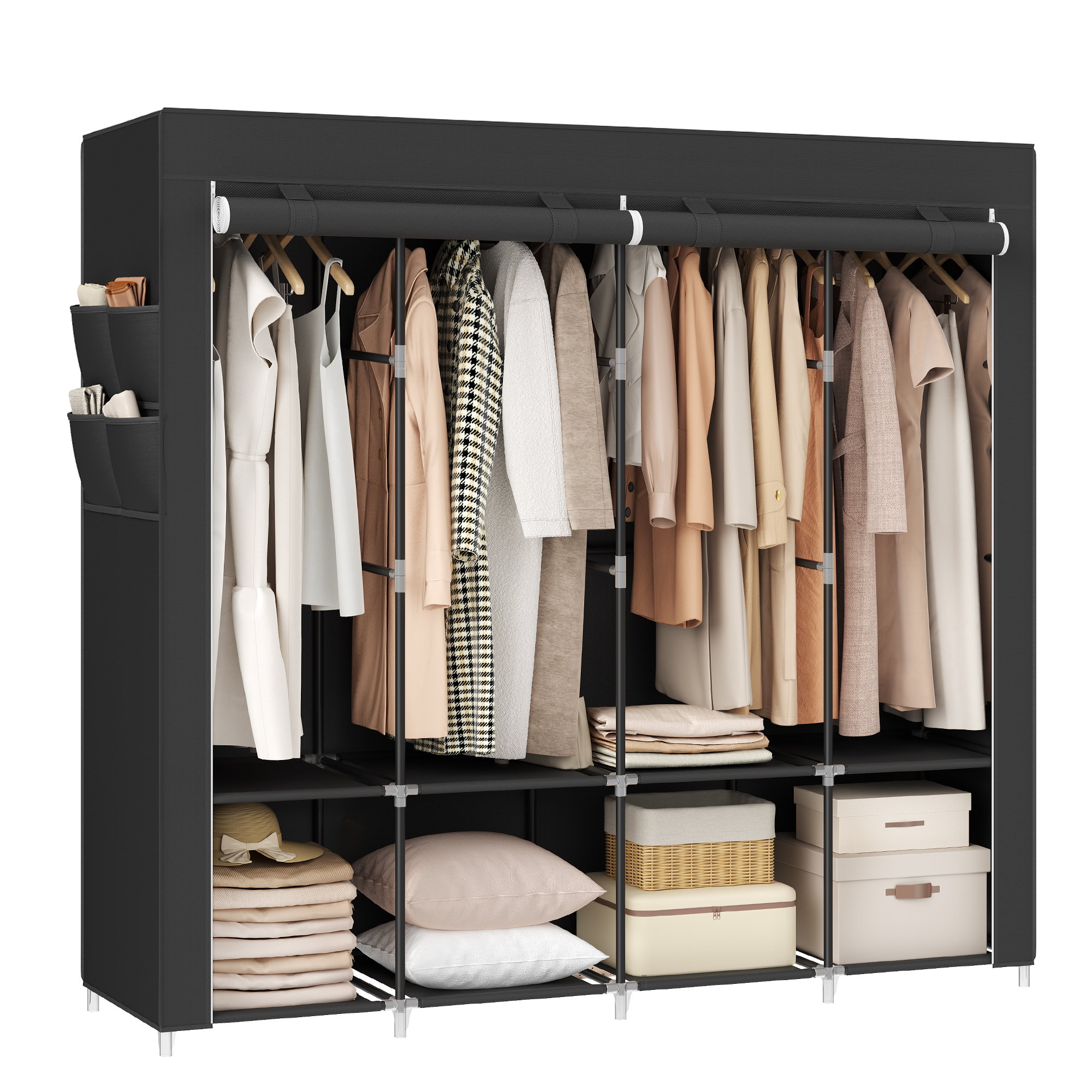 SONGMICS Kleiderschrank Stoffschrank, 4 Hängefächer, mit Ablagen, 4 Seitentaschen