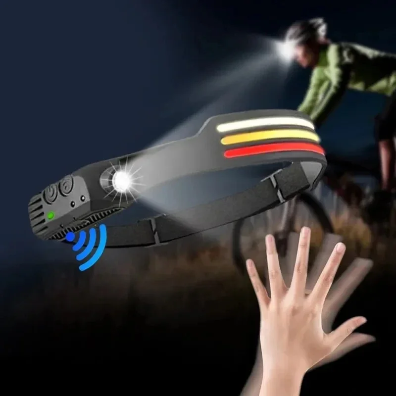 Linterna frontal COB + LED de inducción, linterna frontal recargable por USB con batería integrada, luces de trabajo portátiles para acampar, pescar y exteriores
