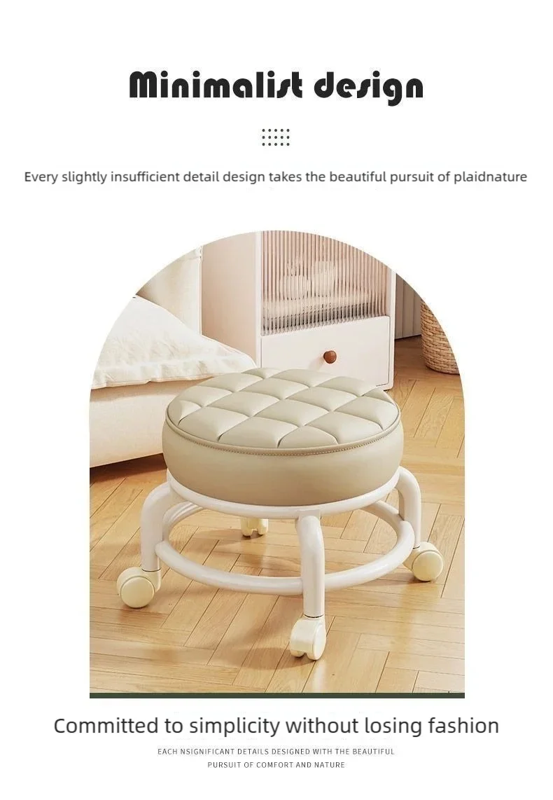 Sgabello con rotelle in pelle PU con ruote - Ottomano portatile rotondo resistente all'umidità, cuscino del sedile ispessito, sgabello a basso profilo per Vani
