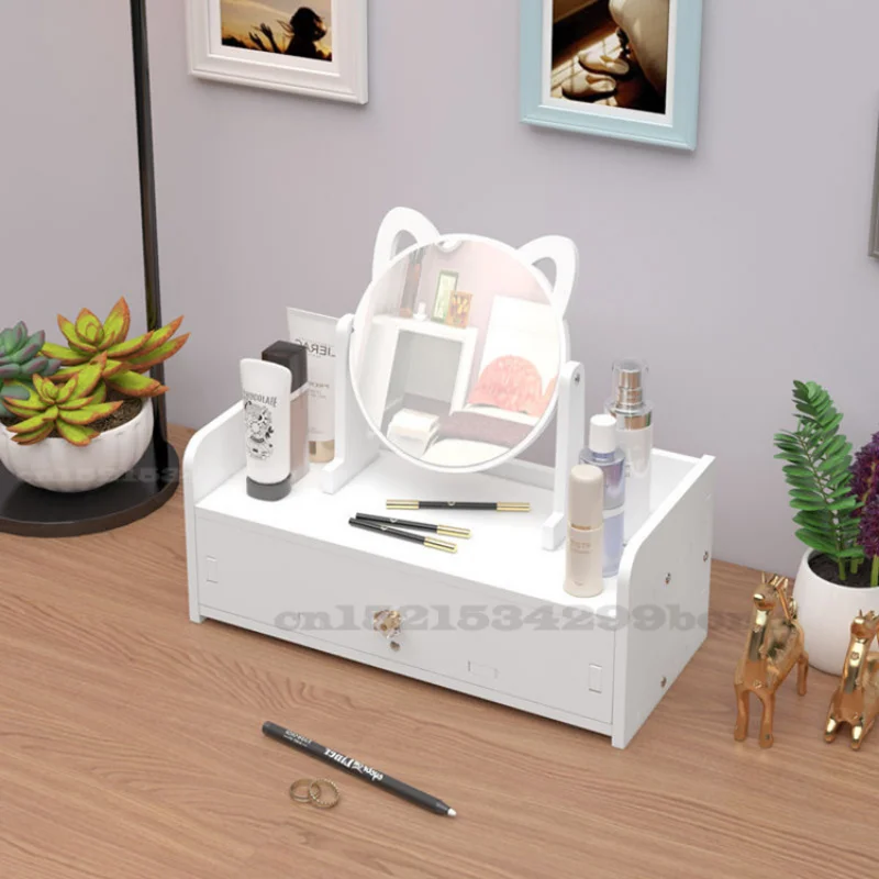 Home Dressing Table with Lovely Cats Mirror, Rotate Makeup Organizer, Nail Polish Brush, Jewelry Storage Box