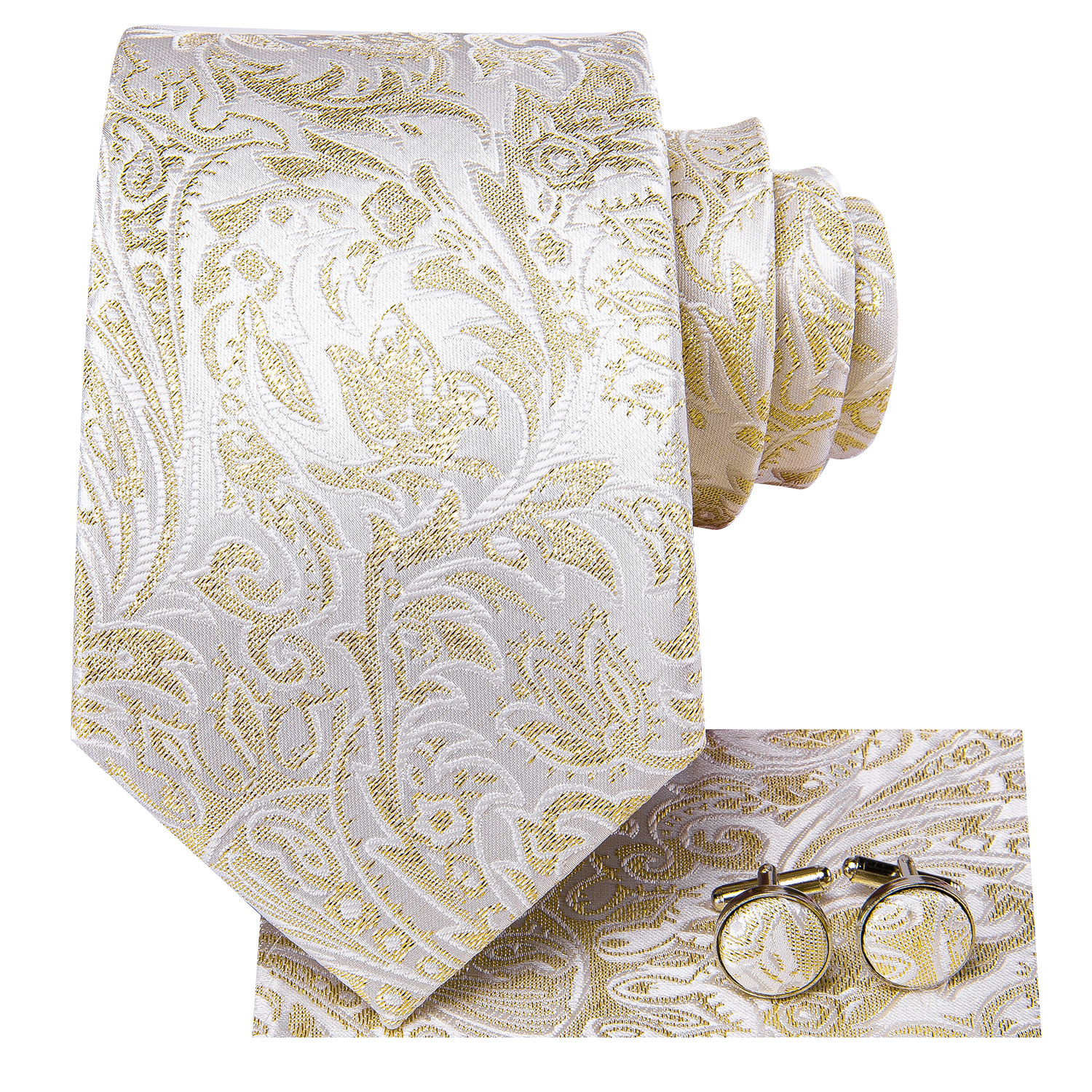 Hi-Tie แชมเปญสีทองผ้าไหม Mens Elegant Ties แฟชั่นบุรุษเนคไทพ็อกเก็ตสแควร์ Cufflinks ชุดธุรกิจงานแต่งงาน