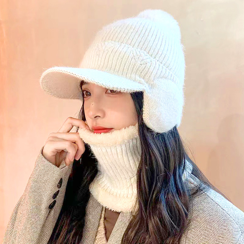 Gorro de punto con orejeras para mujer, de Color sólido con pompón gorra de béisbol, protección para las orejas, para ciclismo al aire libre