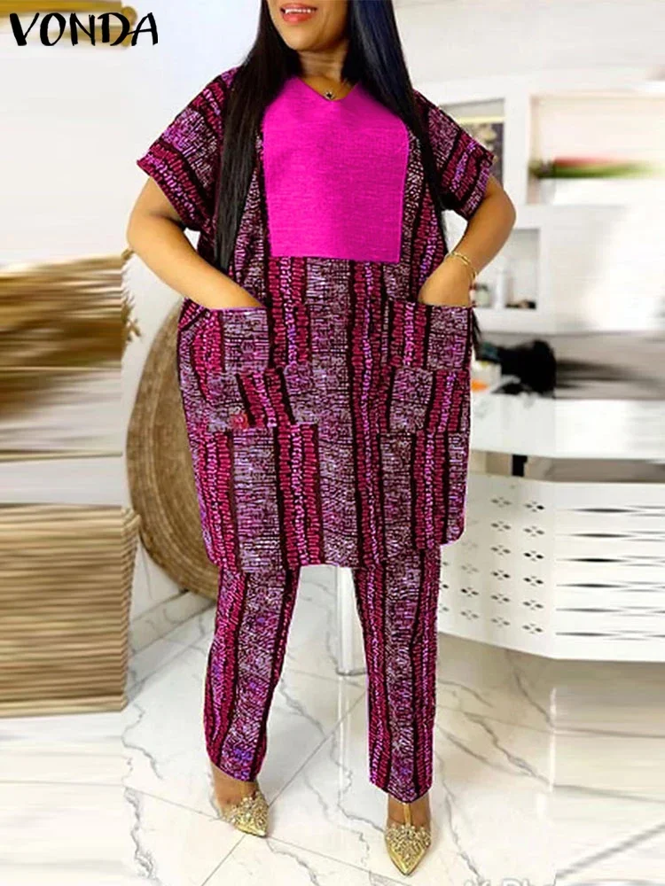 Plus Größe 5XL VONDA 2025 Frauen Lange Hose Sets Vintage Gedruckt Patchwork Tops Hosen Anzüge und Breite Bein Hosen Passenden Sets