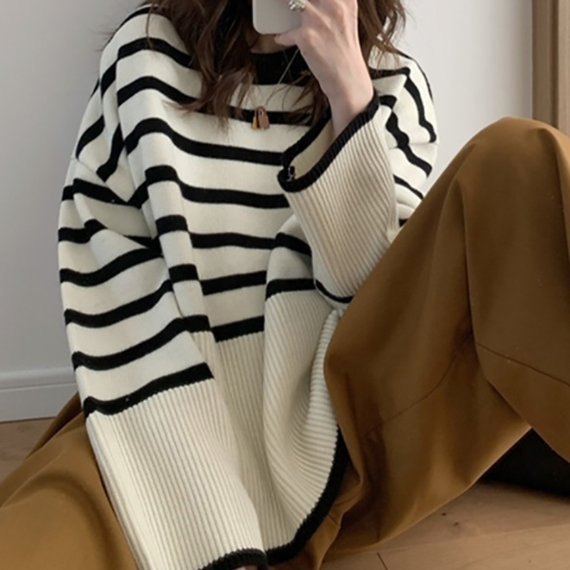 HELIAR Frauen Gestreiften Lose Warme Pullover Oansatz Langarm Gestrickte Pullover Casual Pullover Für Frauen 2024 Herbst Top