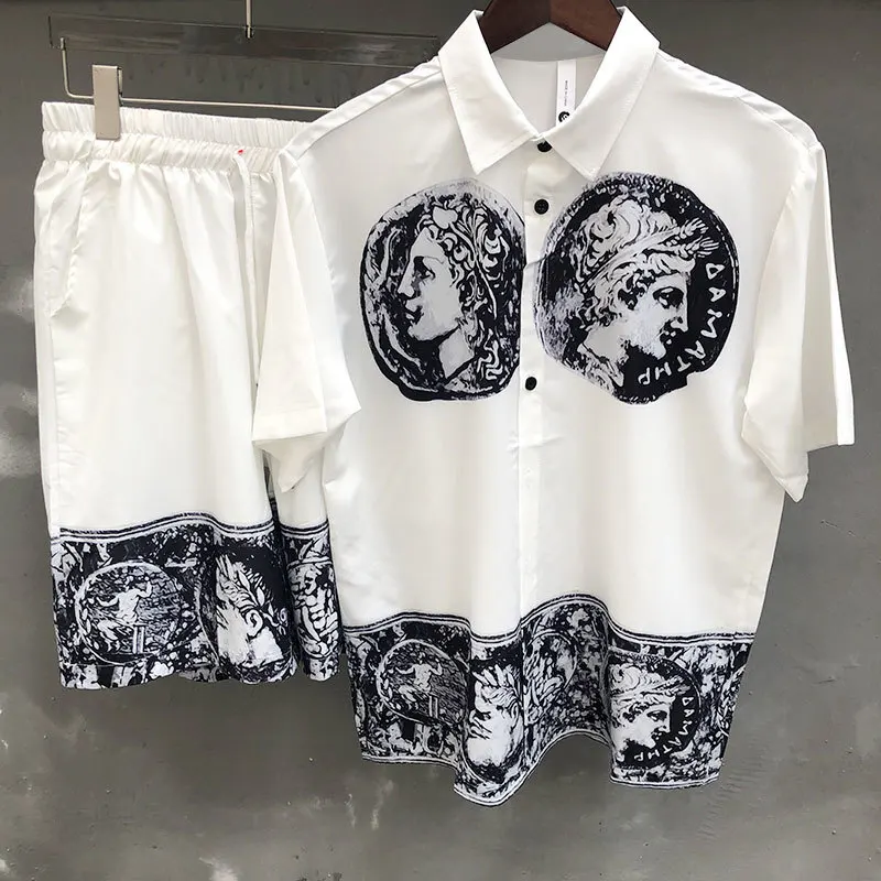 Hawaiihemd Streetwear Abstraktes Porträt Print Shirts Streetwear Trainingsanzug Set Hip Hop Casual Strandurlaub Kurzarmanzug