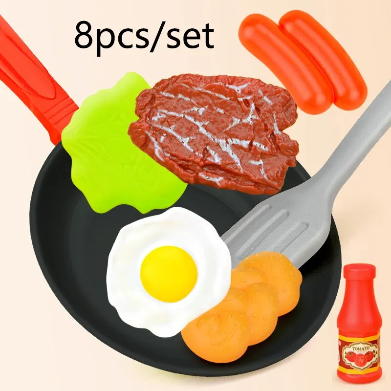 8pcs/set 시뮬레이션 주방용품 놀이 세트 냄비 스테이크 야채 빵 핫도그 오믈렛 어린이 장난감 주방 음식 장난감