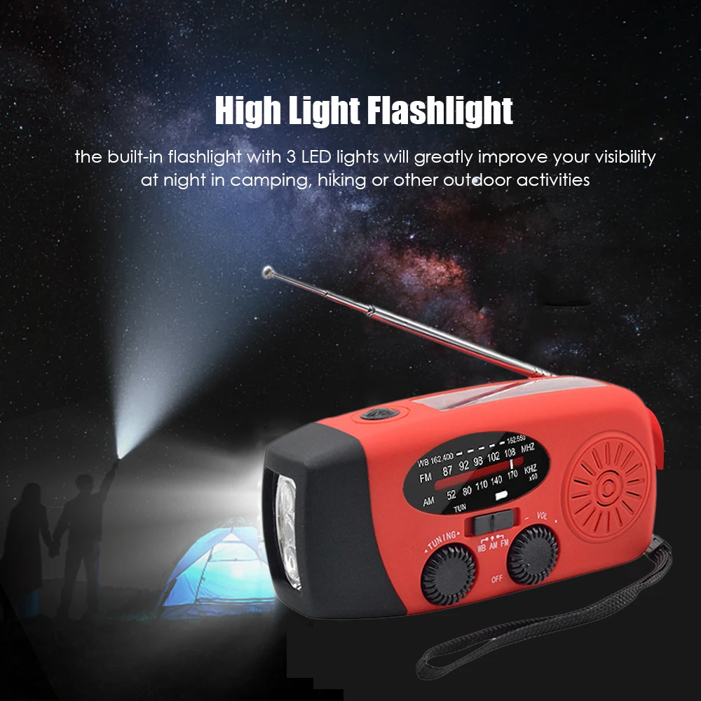 Radio solaire multifonctionnelle alimentée par manivelle FM AM NOAA Radio météo 2000mAh lampe de poche LED d'urgence Dynamo à main BanK de puissance