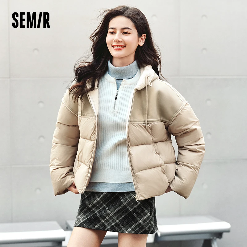 Semir Baumwoll jacke Frauen Patchwork lose Baumwoll jacke Retro 2024 Winter neue pelzige Kapuze Puffer Mantel trend ige Baumwoll jacke