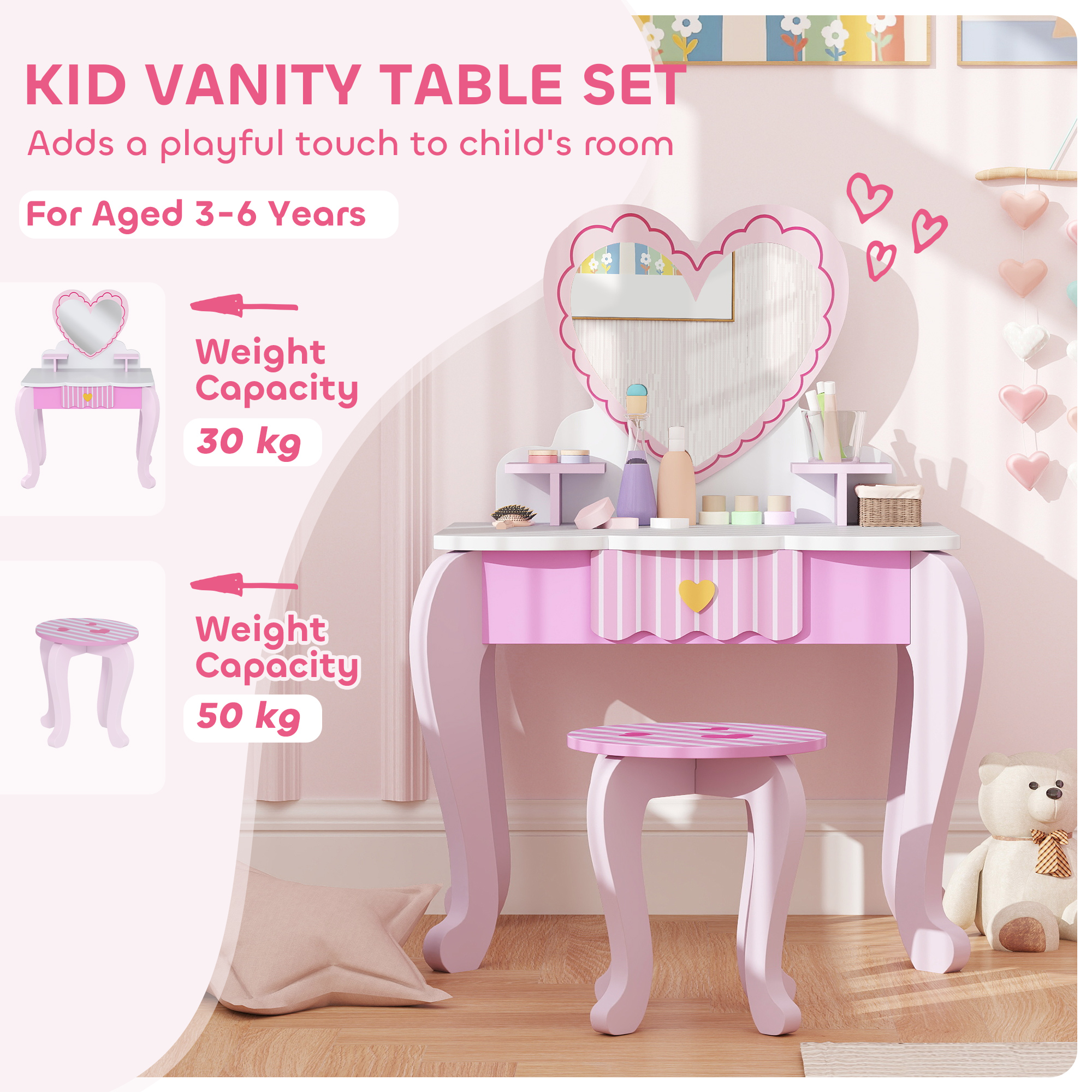 AIYAPLAY 2 PCS Kids Dressing Table Set with Stool, Mirror, Drawer, Desktop Storage, Heart Theme Girls Makeup Desk & Chair, Pink