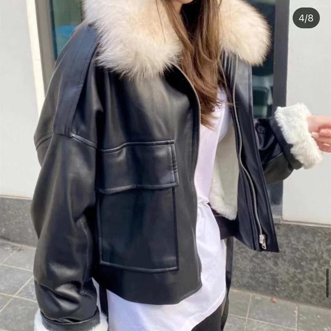 Damen Winter Pu Lederjacke, weibliche Kunst pelz Kragen Fleece Mäntel a541