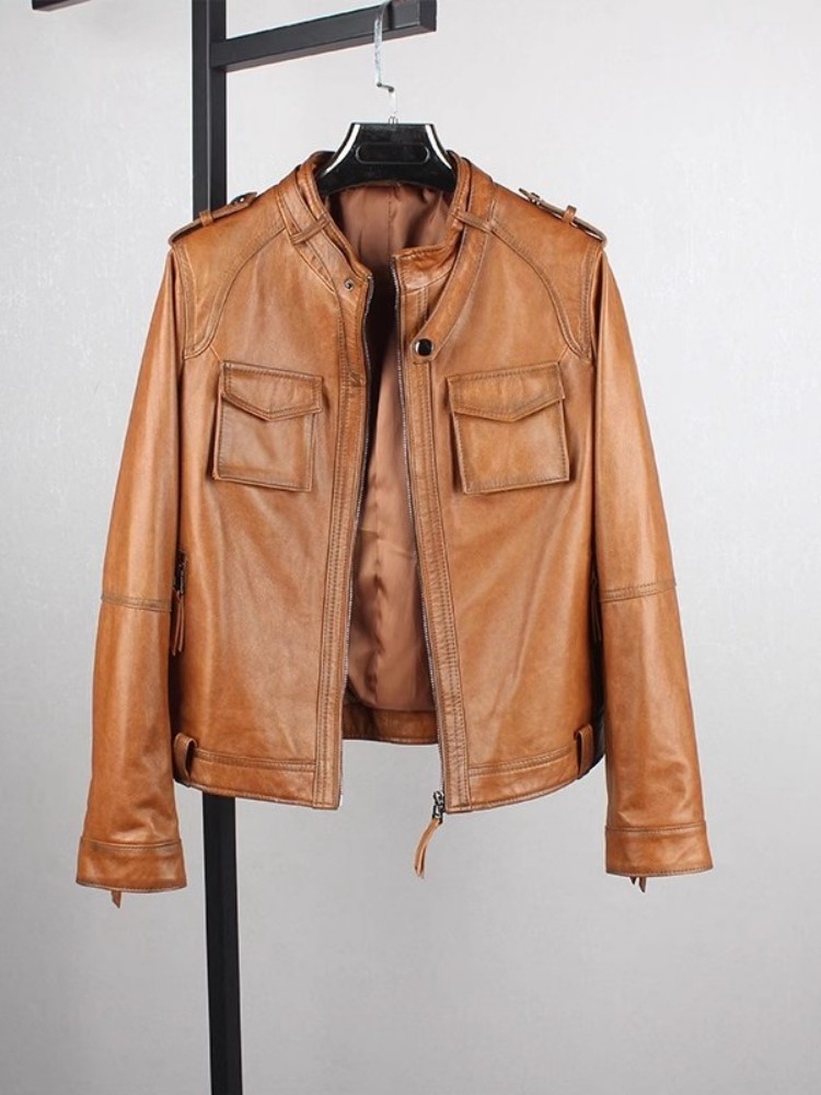 Vintage Real Sheepskin Genuine Leather Motorcycle Jacket Women Spring Autumn Stand Collar Punk Short Coat Street Cargo Jackets