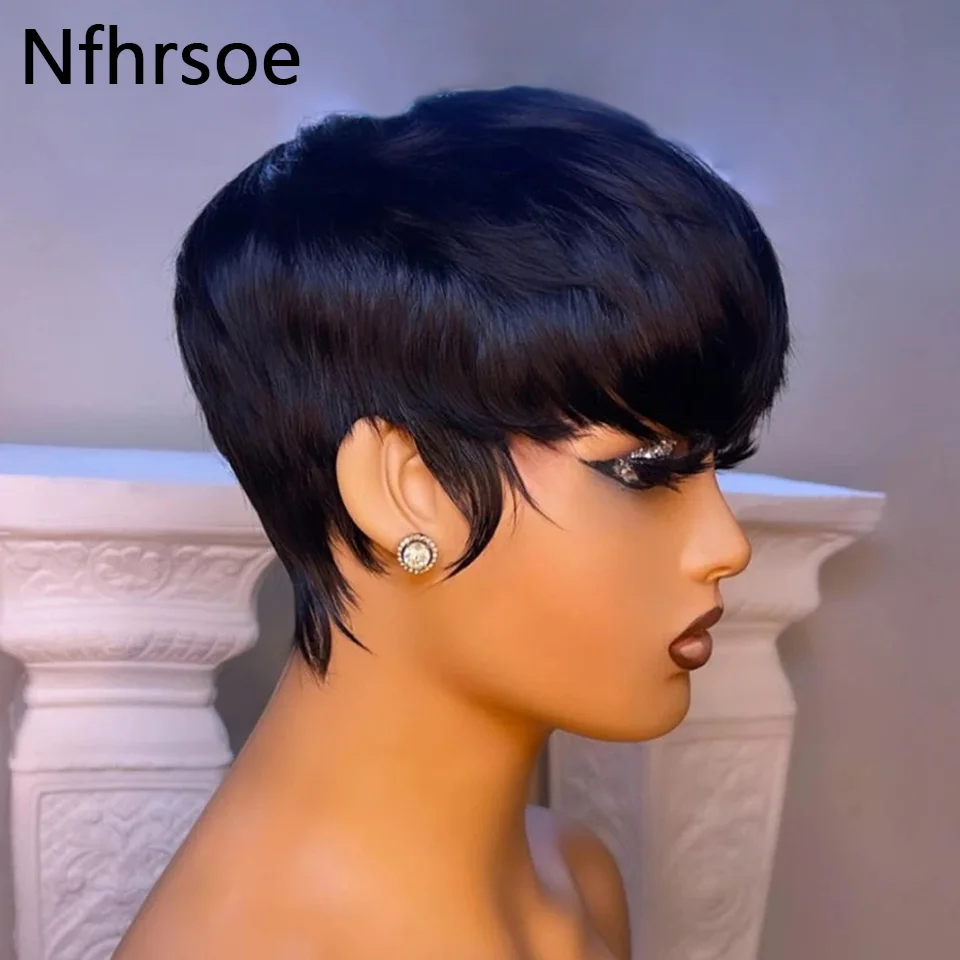 Peruca curta reta bob pixie corte perucas de cabelo humano para mulheres negras com franja cabelo virgem brasileiro não laço frontal barato peruca preta