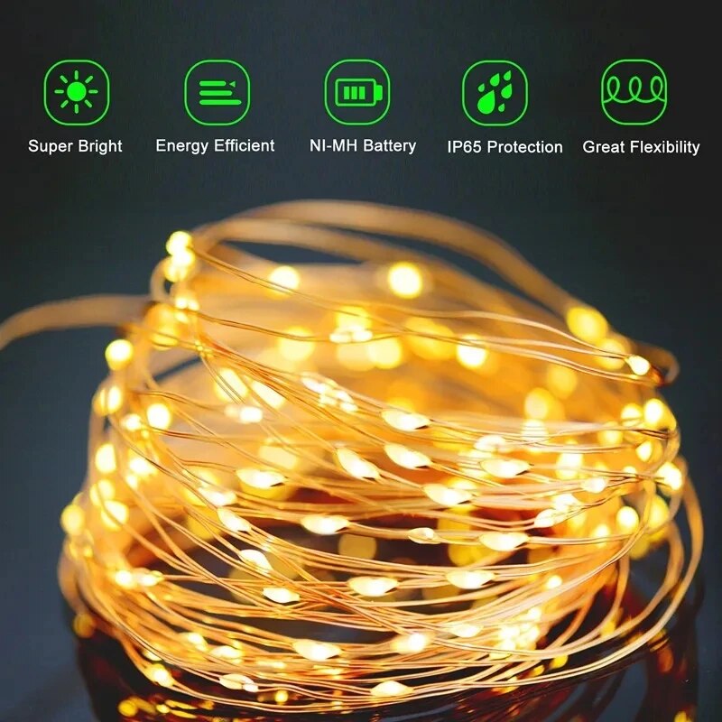 Impermeável cobre fio LED String Lights, Solar Power Lamp, jardim ao ar livre, casamento, festa de Natal, guirlanda, fada, 100