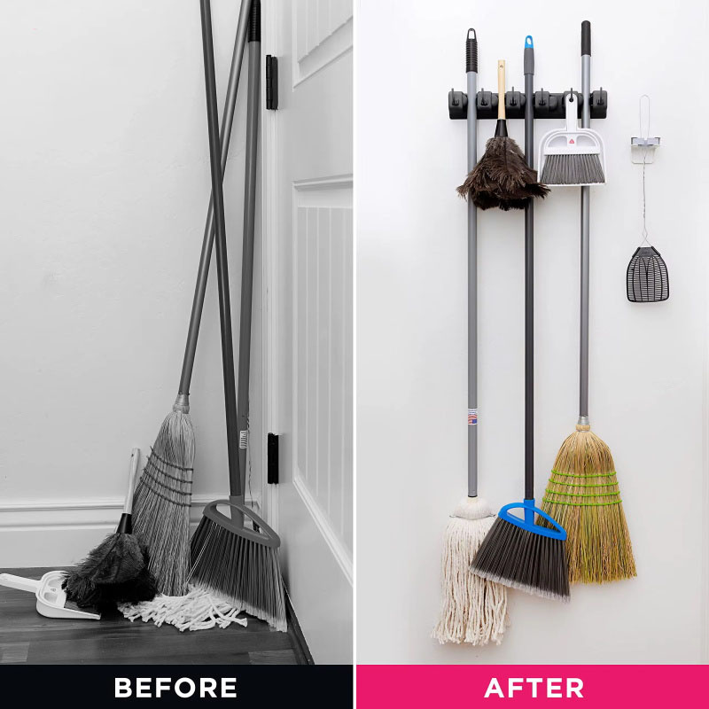 Wall Mounted 3/4/5 Position Multi-Functional Broom Hanger Shelf Home Kitchen Storage Black Magic Plastic Mop Holder
