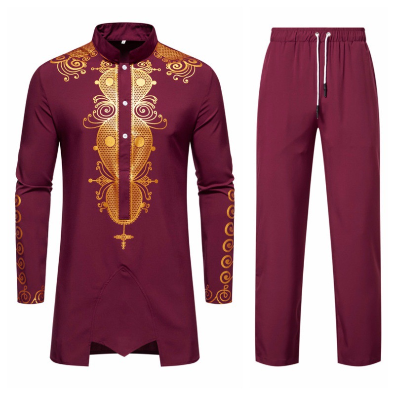 男性用アフリカンゴールドプリントTシャツセット,イスラム教徒のシャツセット,スタンドカラーの服,ドレス,トップス,パンツ,カジュアルスーツ,ファッショナブル