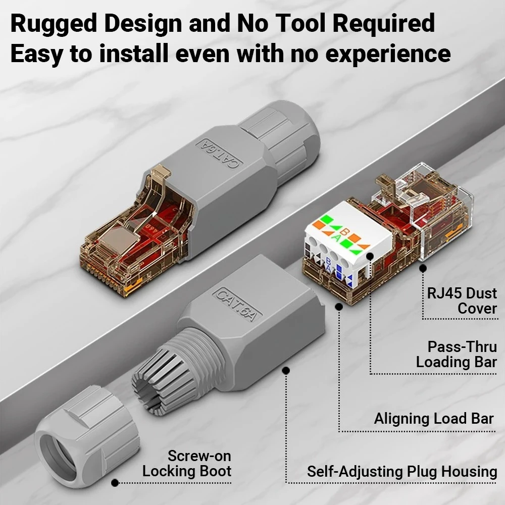RJ45 Connector Tool Free CAT6A CAT6 10Gbps UTP Field Modular Plug Tool free Ethernet Reusable Termination Lan Plugs 1pcs