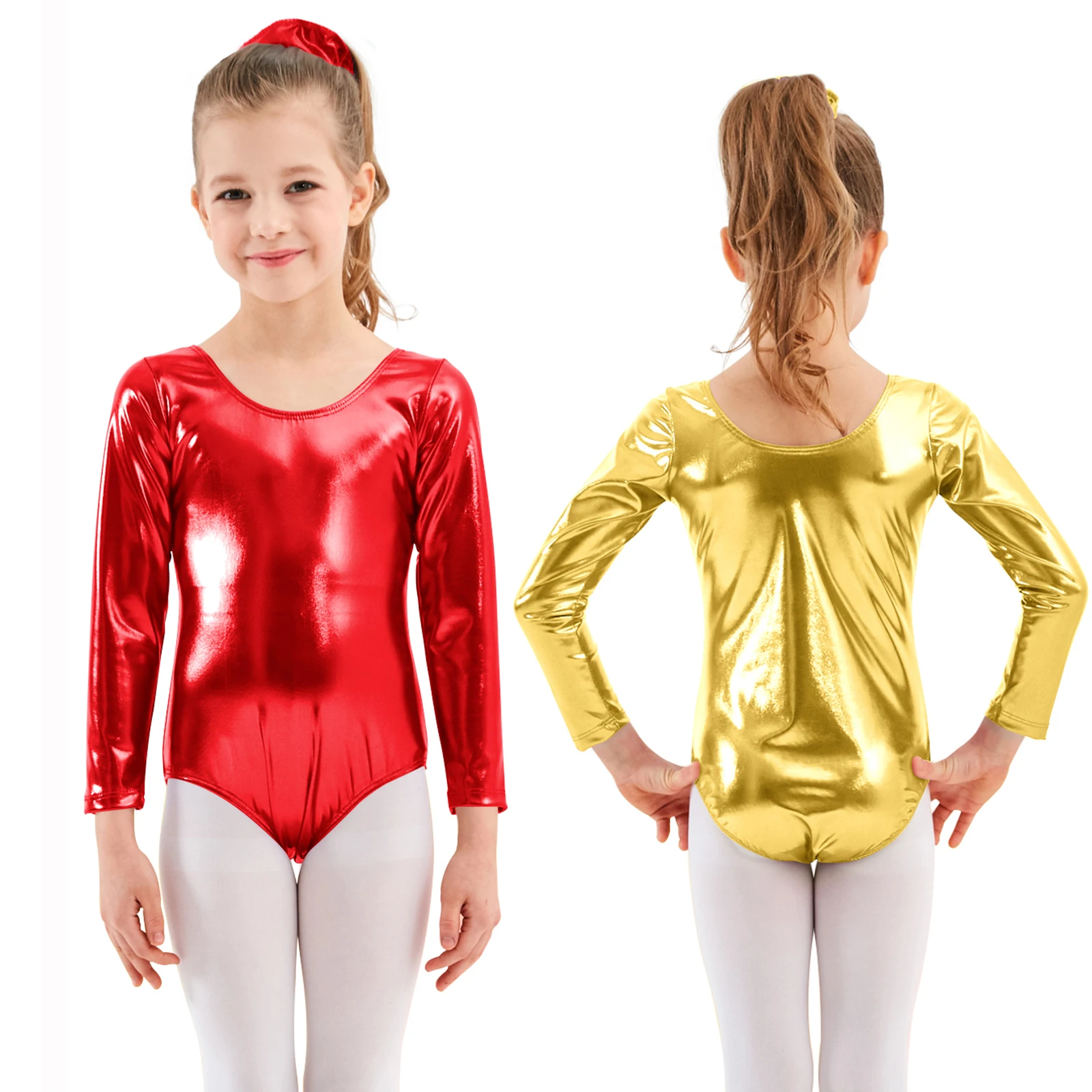 AOYLISEY バレエダンスシニーメタリックレオタード女の子体操ボディスーツ長袖ゴールドロンバースパンデックス衣装子供服