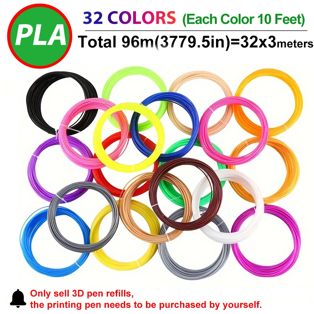 32 kolory Filament do pióra 3D 1,75 mm PLA, każdy kolor 10 stóp (3 m), łącznie 320 stóp (96 m) Wkłady do pióra 3D, losowy kolor