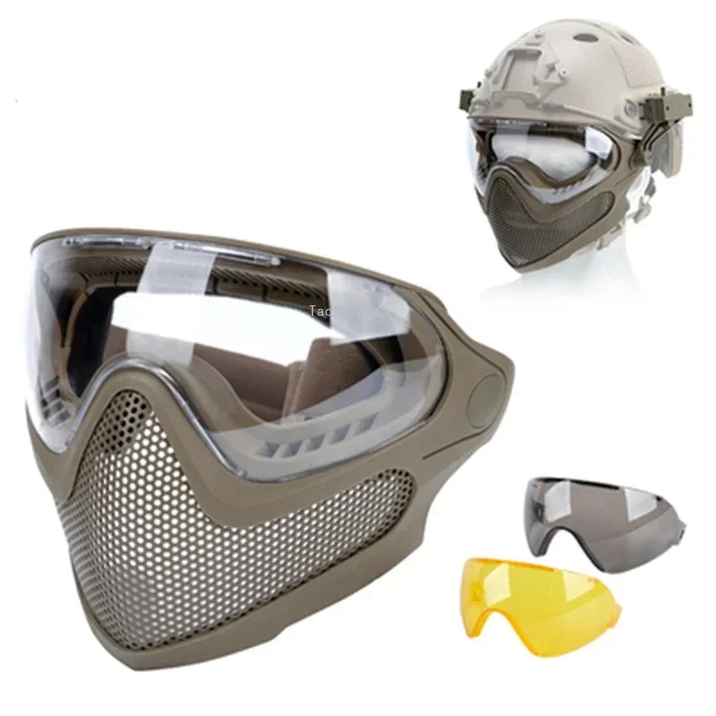 Máscara táctica con 3 lentes, malla de acero resistente a impactos, protección para caza y tiro, máscara facial completa, equipo Airsoft