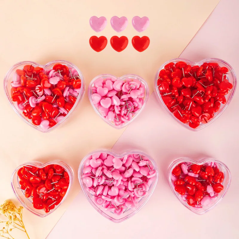 50 pieces/box Heart-shaped plastic push pins Made of high-quality cork board Safe colored push pins Office and school supplies
