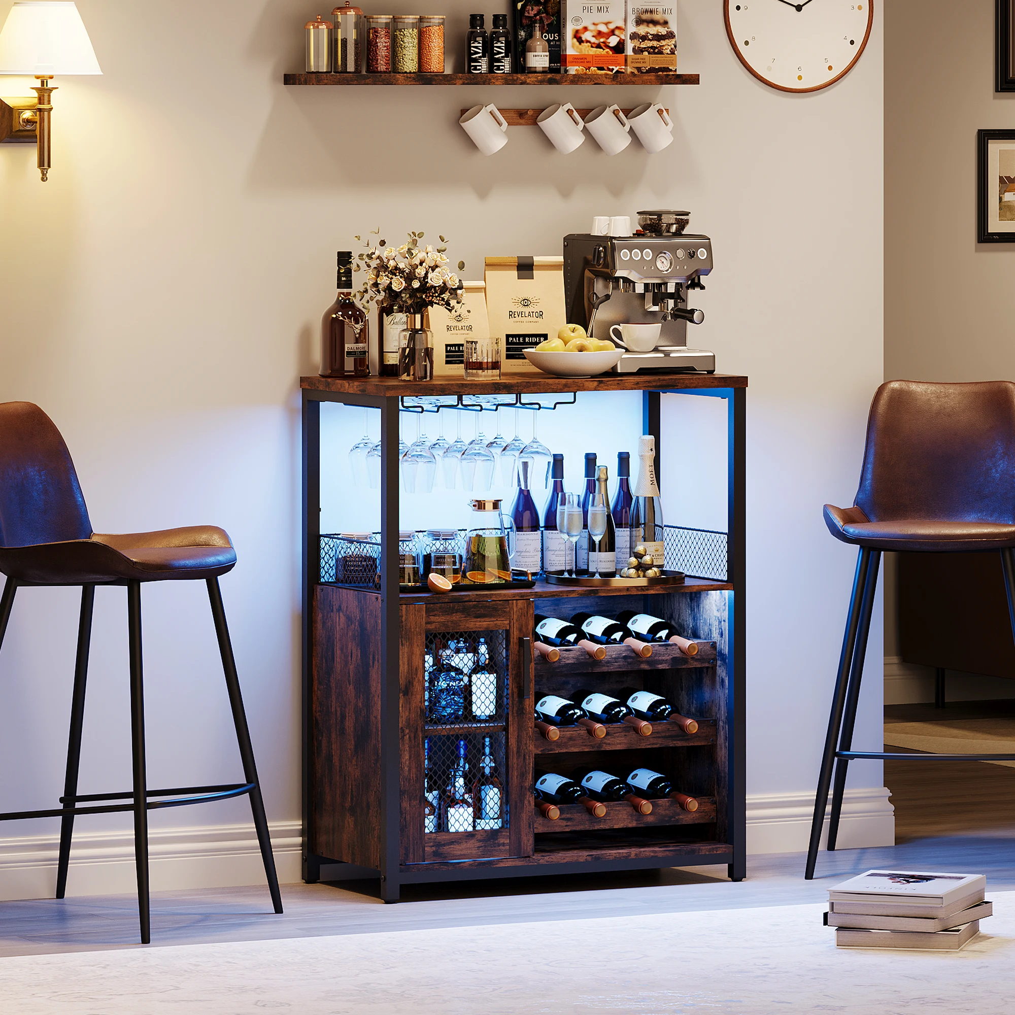 Wine Bar Cabinet with LED Lights Removable Wine Storage Cabinet with Extra Storage Industrial Sideboard and Buffet
