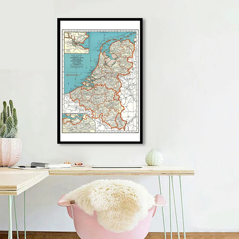 60*90cm 빈티지 벨기에지도 1936 스프레이 캔버스 페인팅 빈티지 벽 아트 포스터 홈 인테리어 학교 용품