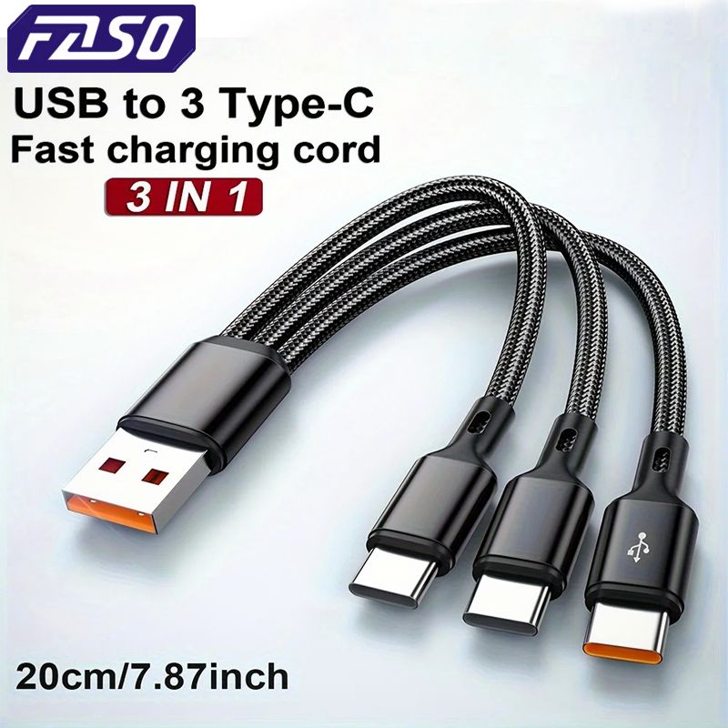 FASO 3 In 1 USB-A to 3 ×Type-C 100W 6A Fast Charging Data Cable For Samsung Galacy S24 Xiaomi Redmi Huawei USB C Data Transfer