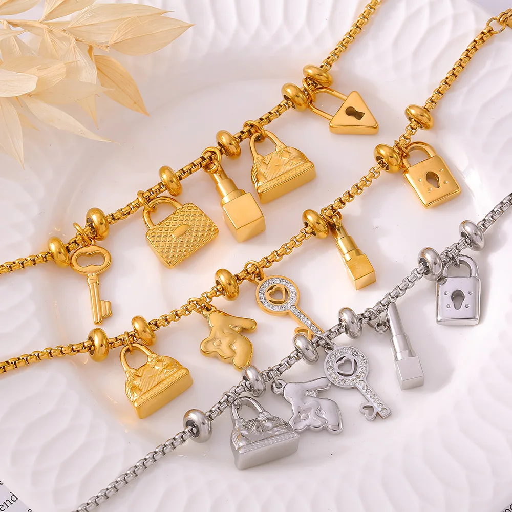 Pulseira ajustável estilo INS – joias modernas retrô de aço titânio banhado a ouro 18K com pingentes incrustados de diamantes de vários elementos
