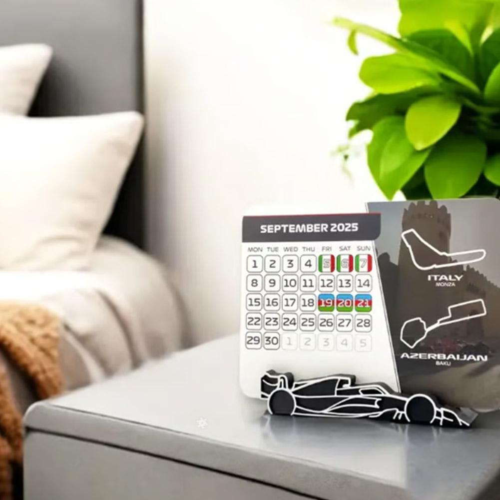 F1 2025 kalender, formule 1 racepalender 2025 desktopdecoratie, 2025 desktopkalender met F1 autostandaard
