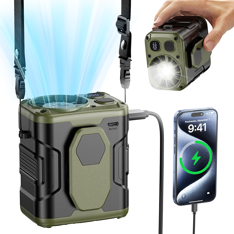 Портативный поясной вентилятор емкостью 10000 мАч со светодиодной подсветкой Power Bank Подвесной вентилятор на шею 5-скоростной охлаждающий вентилятор с сильным воздушным потоком для работы на открытом воздухе