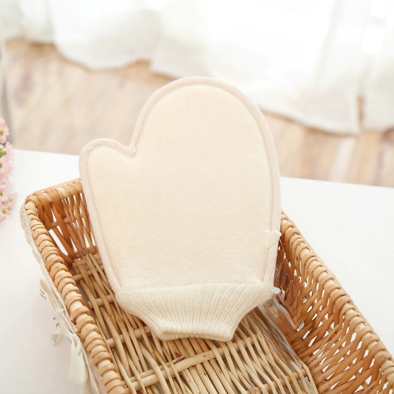 2-in-1 bodyscrub douchehandschoen, 1-delig natuurlijk katoenlinnen zachte exfoliërende scrubber met mesh-textuur voor thuisspa