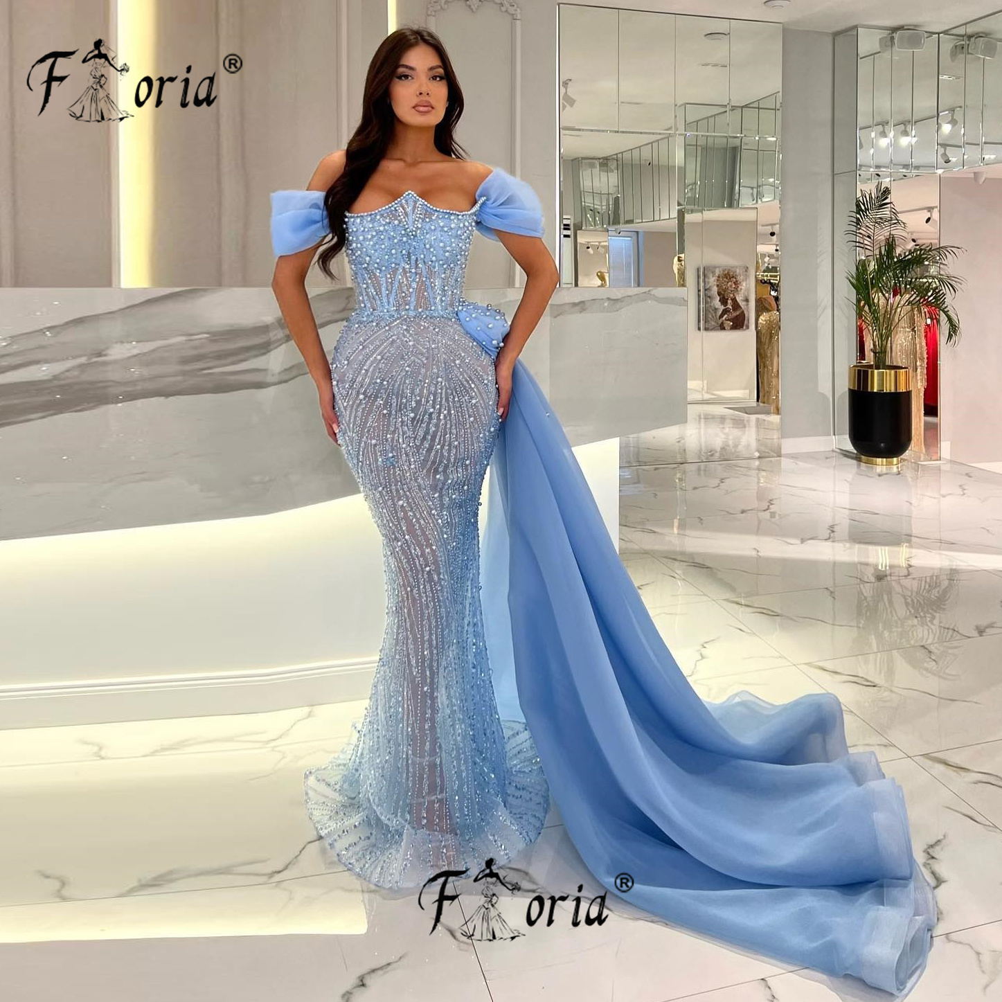 Luxo dubai azul sereia vestidos de noite pérolas fora do ombro árabe vestidos formais para mulher festa de casamento vestidos de gala 2023