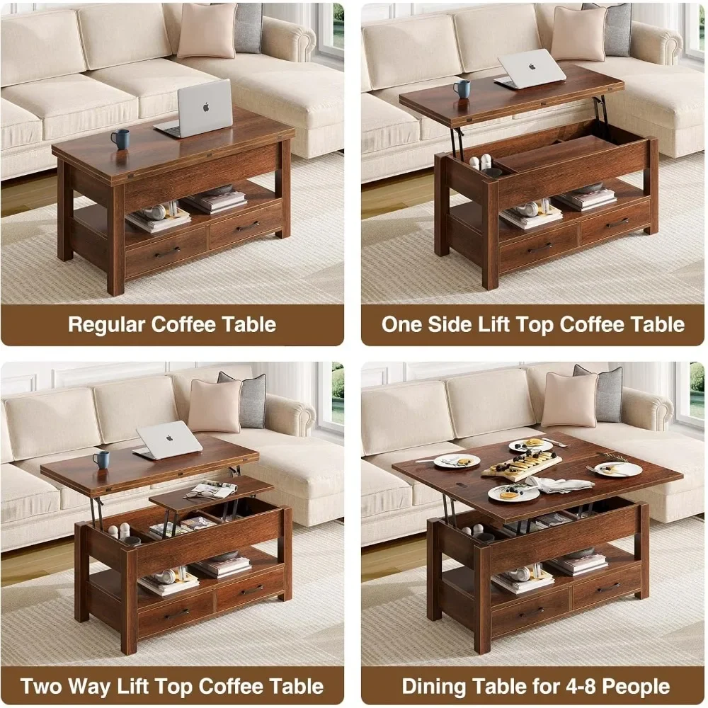 Mesa de centro com tampo elevatório, mesa de centro conversível multifuncional com gavetas e compartimento oculto