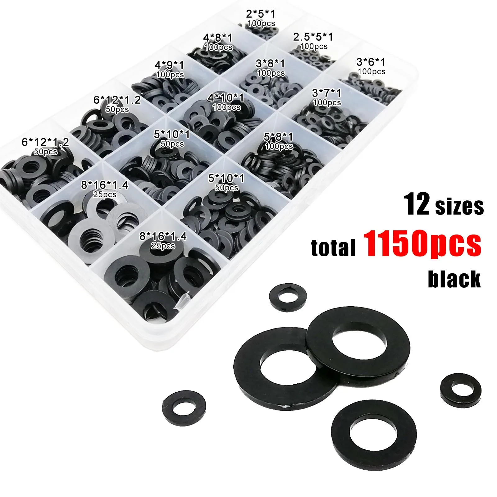 1150/700/500 Stück Kunststoff Nylon flache Unterlegscheibe Plain Spacer Isolierung Dichtungsring Mix M2 M2,5 M3 M4 M5 M6 M8 Sortiment Kit Set Box