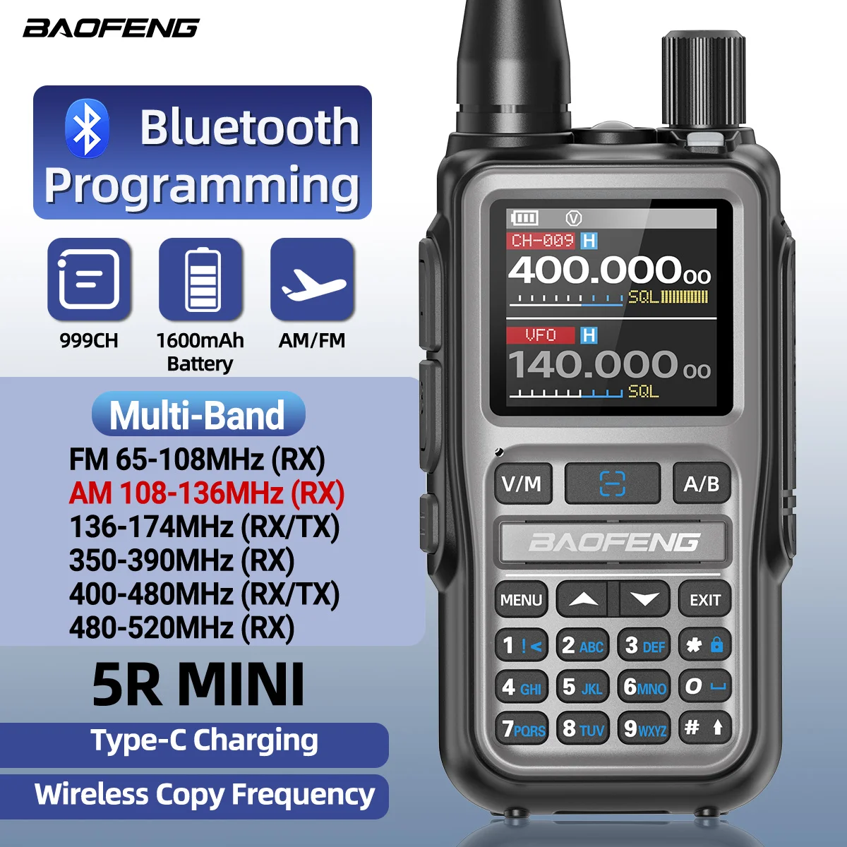 Baofeng UV-5R Mini Walkie Talkie Bluetooth APP Programmierung Multi Band 999CH Drahtlose Kopierfrequenz Dual PTT Typ-C Amateurfunk
