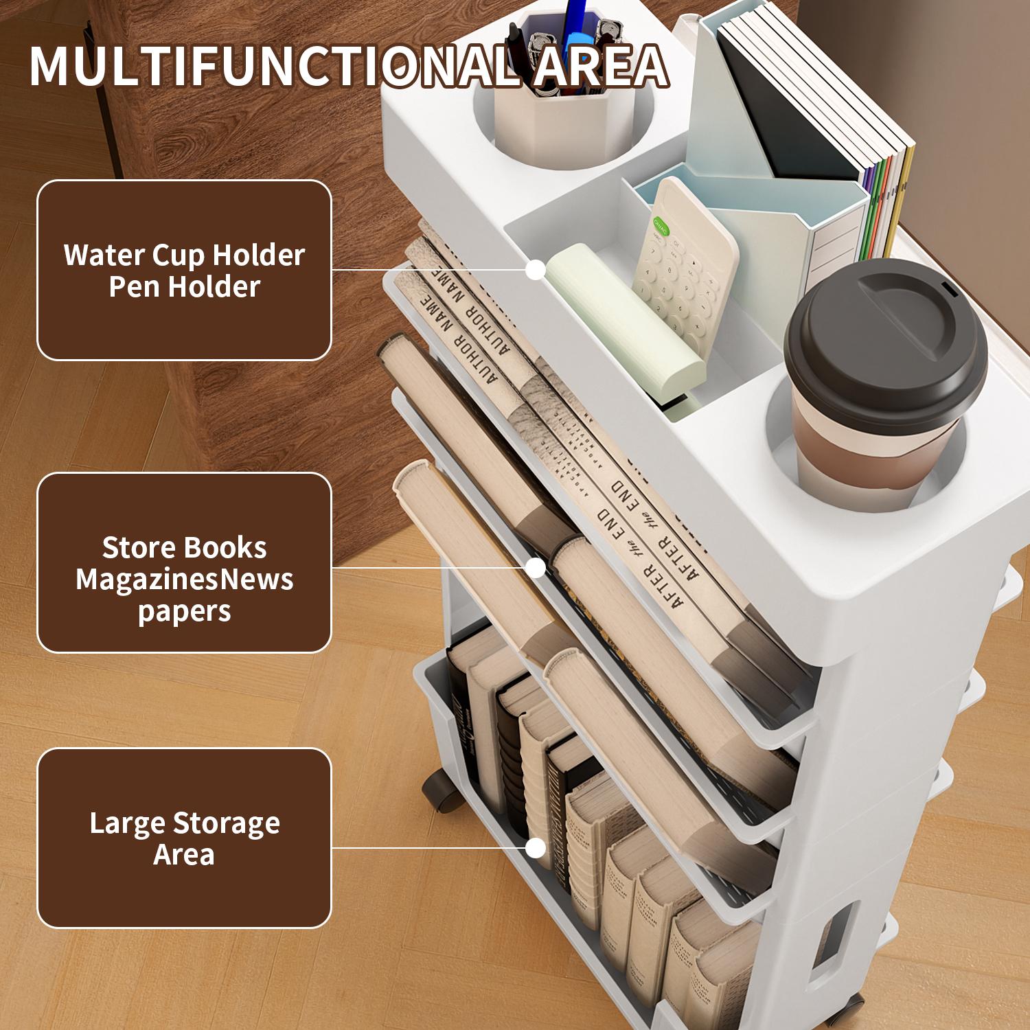 5-Tier Removable Magazine Newspaper Storage Rack, Book Storage Rack With Wheels Tableside Bookshelf For School Classroom Office