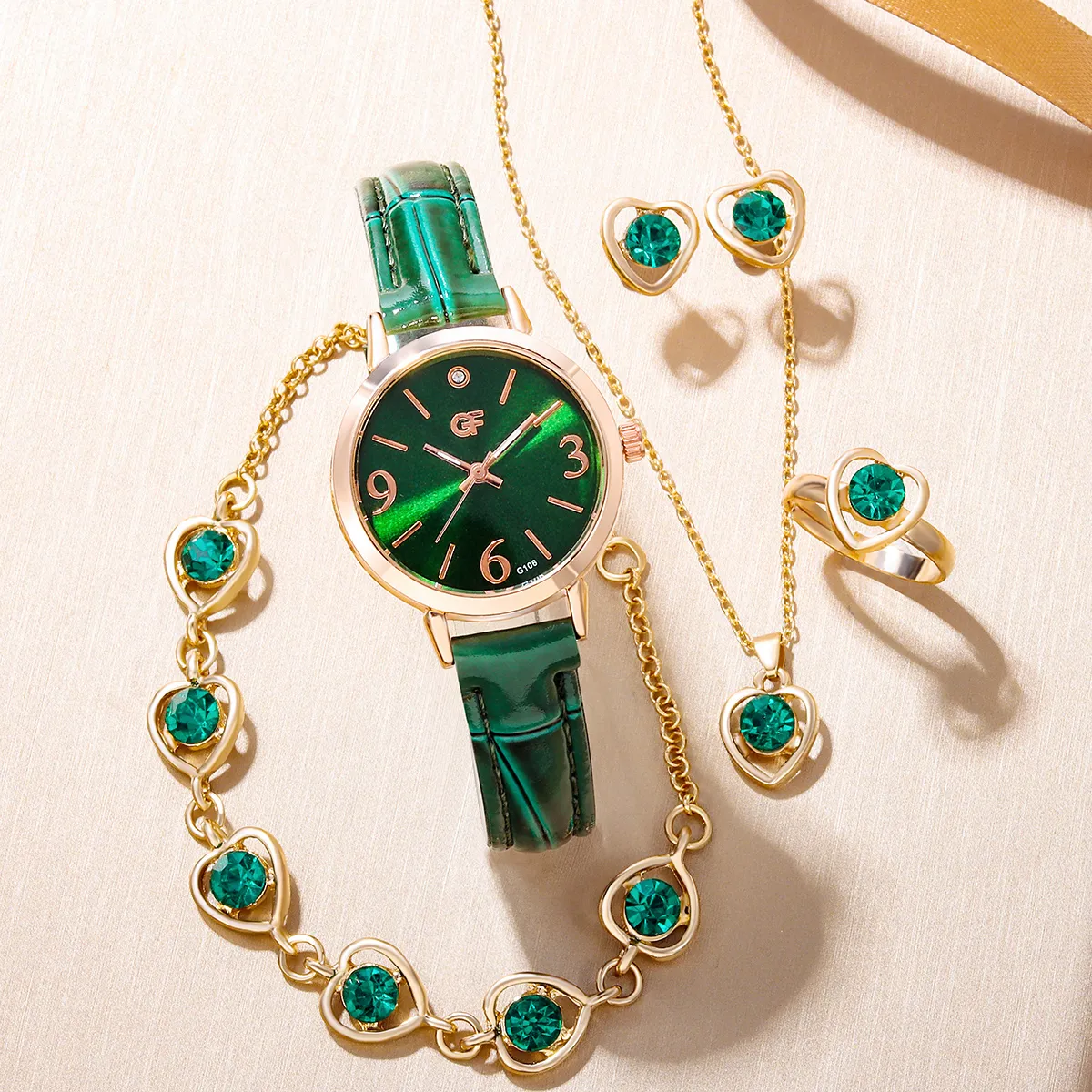 6 Stück neue lxury Liebe Strass Schmuck Damen Ring Halskette Ohrringe Armband Set einfache digitale Lederband Quarzuhr