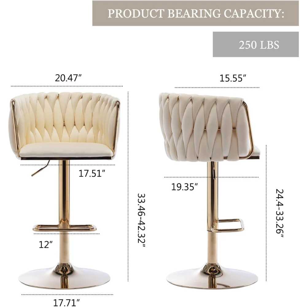 Velvet Swivel Bar Stools Set of 4, Adjustable Counter Height Bar Chairs with Woven Back&Footrest, Bar Stools for Kitchen Island