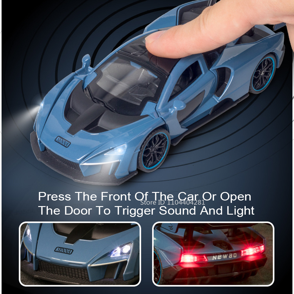 1:32 Senna 765LT Toys Miniature Models Diecast Alloy Cars Doors Opened Sound Light Pull Back Vehices Models Collection Ornaments